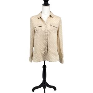 Charter Club 100% Linen Cream Color  White Polka  Dot Button Up Blouse